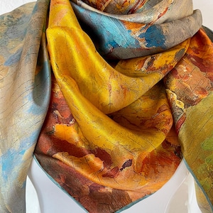 100% Silk Scarf Square Pure Silk Shawl Large Silk Hair Head Scarf 43”x43” 110x110cm “Gold Autumn” Oil Painting Silk Scarf All Season Gifts