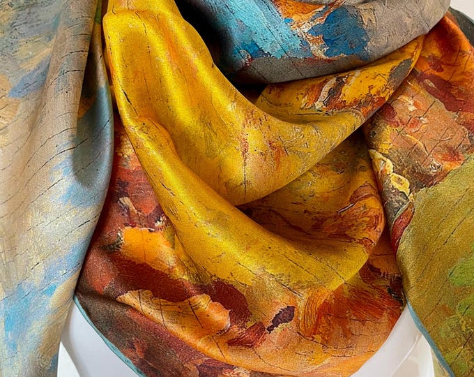 100% Silk Scarf Square Pure Silk Shawl Large Silk Hair Head Scarf 43”x43” 110x110cm “Gold Autumn” Oil Painting Silk Scarf All Season Gifts