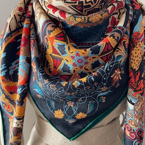 Wool Silk Luxury Extra Large Scarf Big Square Shawl Wrap 55x55" 140x140cm “Ancient Elephants” Double Face Navy Blue Scarf All Season Gift