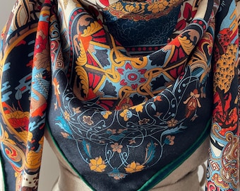 Wool Silk Luxury Extra Large Scarf Big Square Shawl Wrap 55x55" 140x140cm “Ancient Elephants” Double Face Navy Blue Scarf All Season Gift