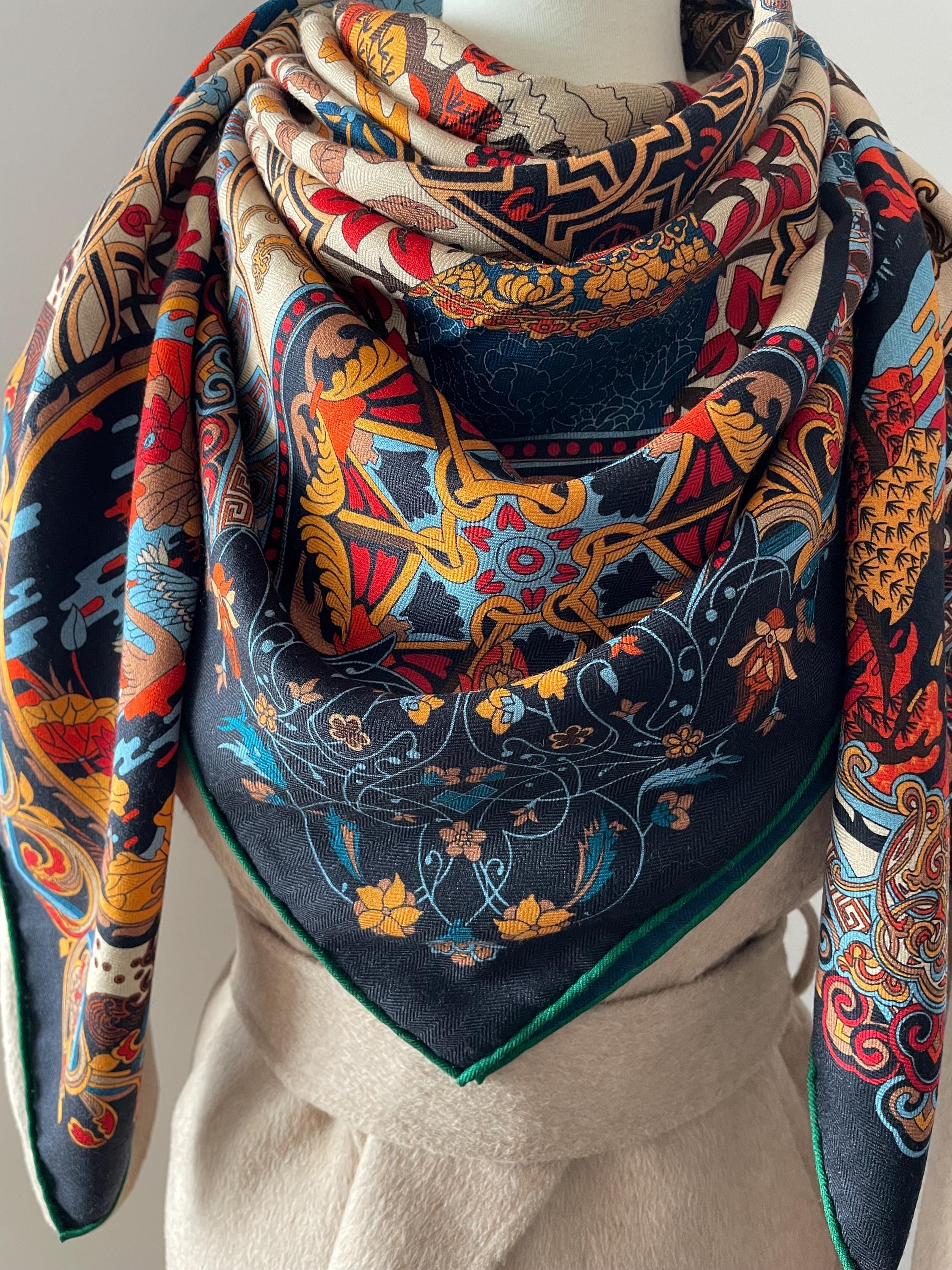 Wool Silk Luxury Extra Large Scarf Big Square Shawl Wrap 55x55" 140x140cm "Ancient Elephants" Double Face Navy Blue Scarf All Season Gift