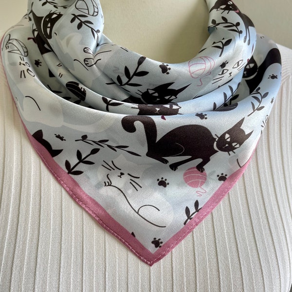 100% Silk Scarf Square Mulberry Silk Bandana Pure Silk Neck Hair Scarf 21x21 55x55cm Black and White Cute Cats Silk Scarf Gift for Cat Mom