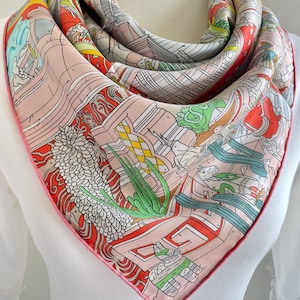 100% Silk Twill Scarf Shawl Silk Bandana Silk Hair Scarf 35”x35” 90x90cm “Flying Horse”  Pink Blue Large Silk Scarf Square All Season Gifts