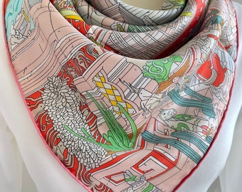 100% Silk Twill Scarf Shawl Silk Bandana Silk Hair Scarf 35”x35” 90x90cm “Flying Horse”  Pink Blue Large Silk Scarf Square All Season Gifts