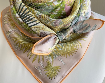 100% Silk Twill Scarf Shawl Silk Bandana Silk Hair Head Scarf 35”x35” 90x90cm Tropical Garden Plants Large Silk Scarf Square Gifts for Women