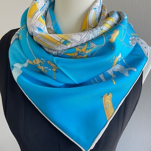 100% Silk Twill Scarf Shawl Silk Bandana Silk Hair Scarf 35x35” 90x90cm “Flying Horse”  Yellow Blue Large Silk Scarf Square All Season Gifts