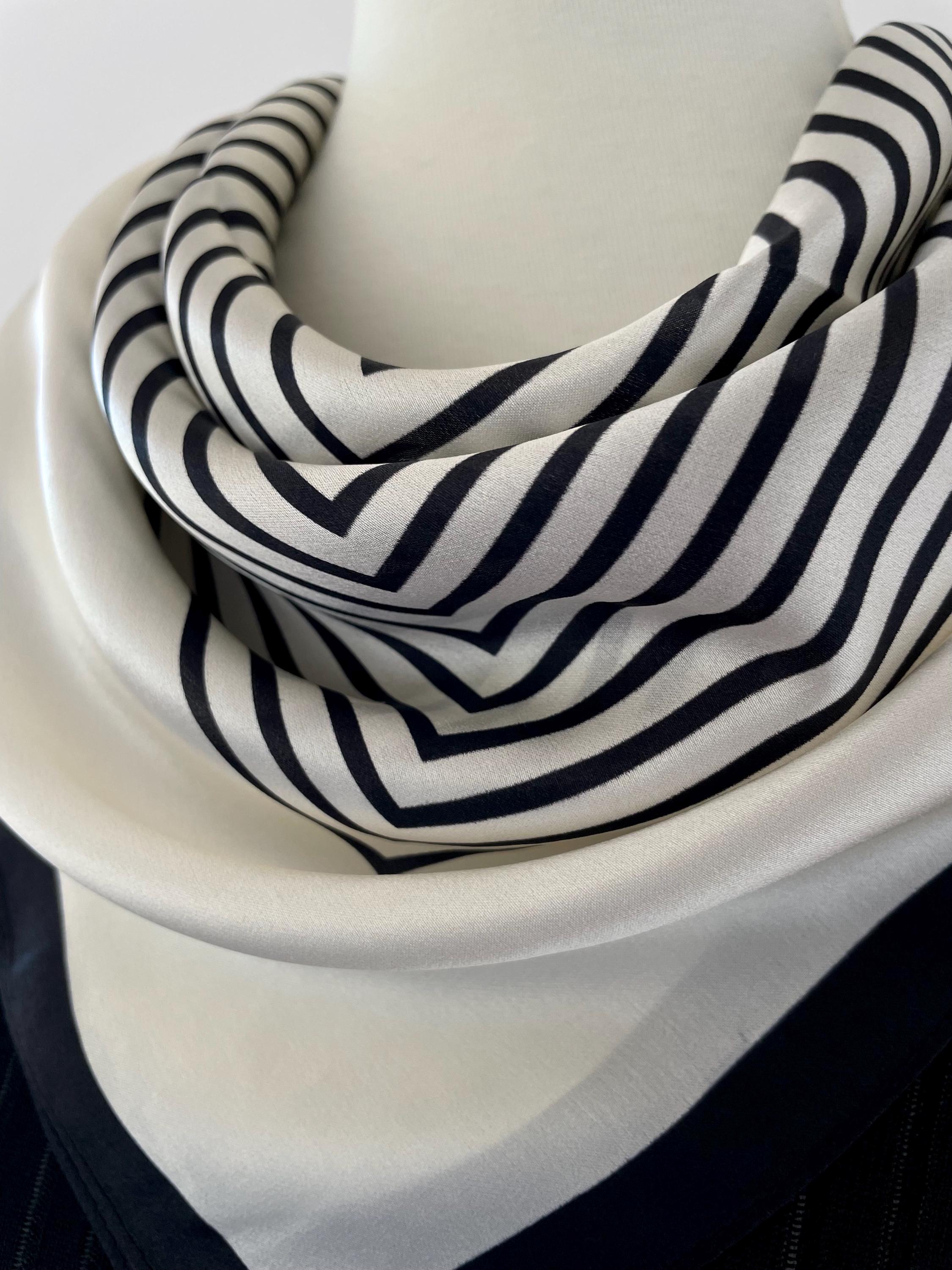 Mulberry Silk Scarf Black White Striped Minimalist Silk  display picture 2