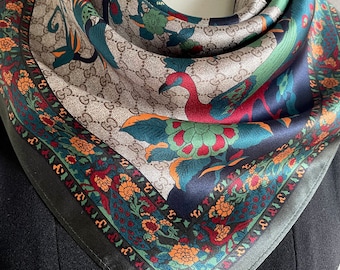 100% Silk Scarf Square Pure  Silk Hair Head Scarf 27”x27” 70x70cm “Birds and Flowers” Dark Green Mulberry Silk Square Scarf All Season Gifts