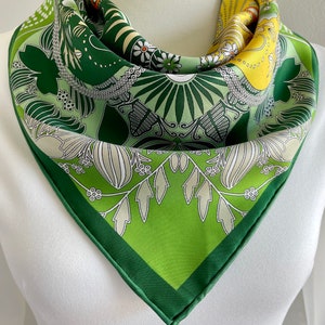 St. Patrick’s Day Gift Silk Scarf 100% Silk Twill Luxury Scarf Square  Head Hair Scarf 26x26” 65x65cm ”Four-leafed Clover” Pure Silk Bandana