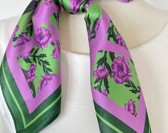 Mulberry Silk Scarf: Purple Green Floral Bandana, 26in/70cm Square