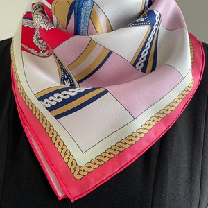 100% Silk Twill Luxury Scarf Square Pure Silk Bandana Mulberry Silk Hair Head Scarf 27”x 27” 70x70cm “Stripes Coach” Pink Silk Scarf Gifts