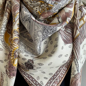 Wool Silk Luxury Extra Large Square Scarf Big Shawl Wrap 55x55" 140x140cm “Knights and Horses” Beige Gold Brown Large Scarf All Season Gifts