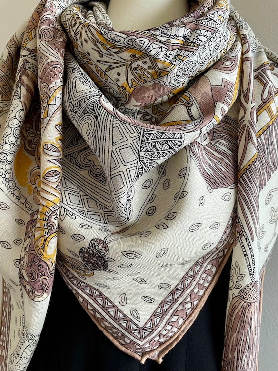 Wool Silk Luxury Extra Large Square Scarf Big Shawl Wrap 55x55" 140x140cm “Knights and Horses” Beige Gold Brown Large Scarf All Season Gifts
