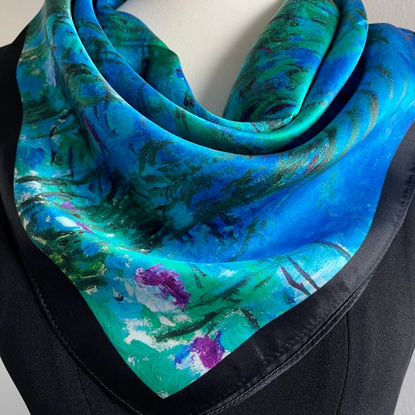 Foulard 100 % soie Carré de pure soie 27 x 27 po. 70 x 70 cm Foulard carré en soie « Peinture à l'huile nénuphars » bleu violet