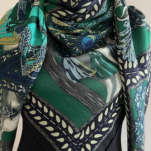 Wool Silk Luxury Extra Large Square Scarf Big Shawl Wrap 55x55" 140x140cm “All Dressed Up Horses” Emerald Green Large Scarf All Season Gifts