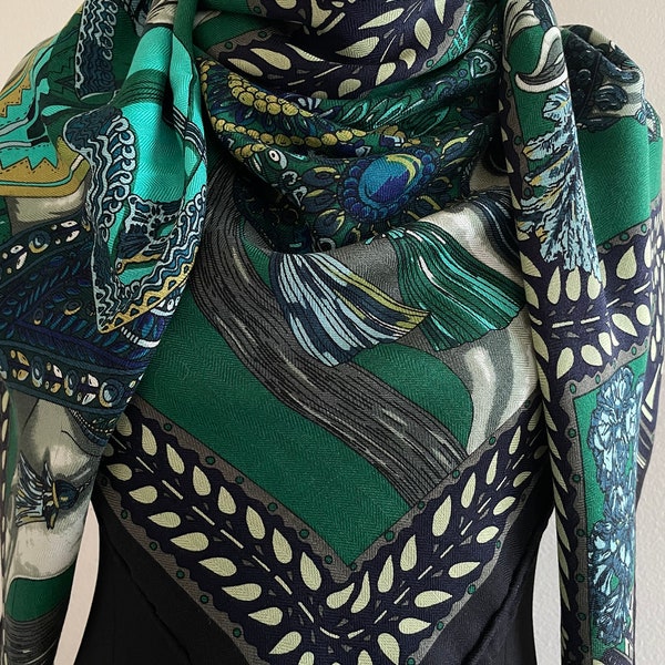 Wool Silk Luxury Extra Large Square Scarf Big Shawl Wrap 55x55" 140x140cm “All Dressed Up Horses” Emerald Green Large Scarf All Season Gifts