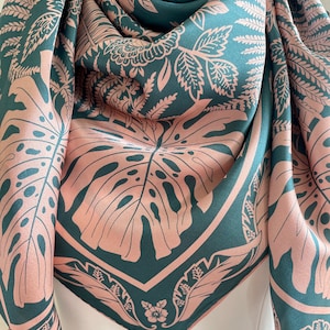 100% Silk Scarf Square Pure Silk Shawl Large Silk Hair Head Scarf 43x43” 110x110cm “Monstera” Pink Blue Tropical Silk Scarf All Season Gifts