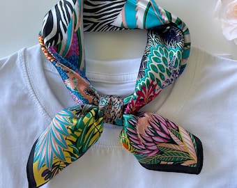 100% Silk Scarf Square Mulberry Silk Bandana Pure Silk Neck Hair Scarf 21" and 27" Zebra in the Wonderland Silk Square Scarf All Season Gift