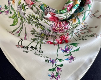100% Silk Scarf Square Pure Silk Bandana Mulberry Silk Hair Head Bag Scarf 26”x26” 65x65cm “Gorgeous Floral” Natural Silk Scarf Gift for Her