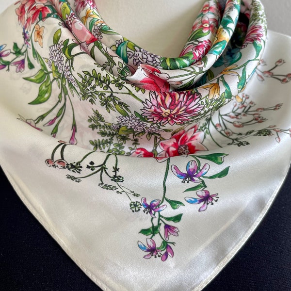 100% Silk Scarf Square Pure Silk Bandana Mulberry Silk Hair Head Bag Scarf 26”x26” 65x65cm “Gorgeous Floral” Natural Silk Scarf Gift for Her