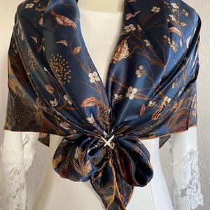 100% Large Silk Scarf Square Pure Silk Shawl Big Silk Hair Head Wrap 43x43 110x110cm Navy Gold Floral Butterfly Holiday Season Gift for Her
