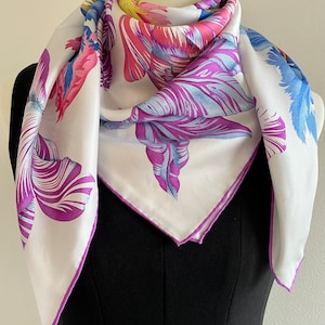100% Silk Twill Scarf Large Shawl Silk Bandana Silk Hair Head Scarf 35”x35” 90x90cm “Colorful Tulips” Purple Silk Scarf Square Women Gifts