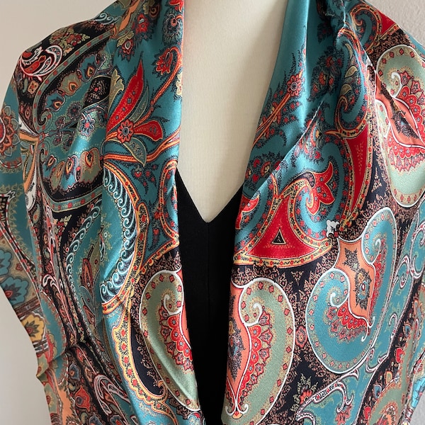 100% Silk Scarf Square Pure Silk Shawl Mulberry Silk Hair Head Scarf 43”x 43” 110x110cm “Gorgeous Paisley” Turquoise Silk Scarf Holiday Gift