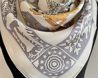 100% Silk Twill Scarf Large Shawl Silk Bandana Silk Hair Head Scarf 35”x35” 90x90cm “Memories” Gold Gray Silk Scarf Square All Season Gifts