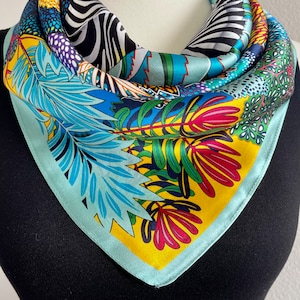 100% Silk Scarf Square Pure Silk Hair Head Scarf 27”x27” 70x70cm “Zebra in the Wonderland” Vibrant Color Silk Square Scarf All Season Gifts