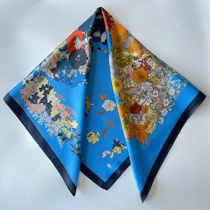 100% Silk Square Scarf, Pure Silk Bandana, Mulberry Silk Hair/Neckerchief/Bag Scarf, 27x 27”/70x70cm, Floral Horse Pattern Blue Silk Scarf