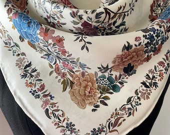 Mulberry Silk Twill Scarf Birds Peony Garden 35” 90cm Square Beige Large Bandana Hair Hand-Rolled Edges Scarf Gift for Woman