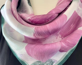 Floral Mulberry Silk Scarf Elegant Lilac Green Gouache Painting Flower Pattern 26” x 26” Pure Silk Square All Seasons Gift for Her
