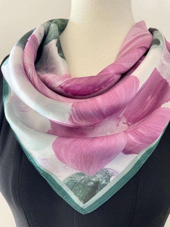 Floral Mulberry Silk Scarf Elegant Lilac Green Gouache  display picture 2