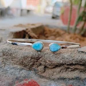Natural Larimar Bangle, 925 Sterling Silver Bangle, Multi Stone Bangle, Handmade Bangle, Minimalist Bangle, Bangle For Women, Cuff Bangle