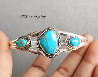 Kingman Mohave Turquoise Gemstone Bangle: Handmade 925 Sterling Silver, Adjustable Bangle