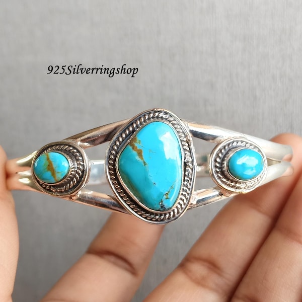 Kingman Mohave Turquoise Gemstone Bangle: Handmade 925 Sterling Silver, Adjustable Bangle