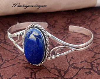 Rustic Lapis Lazuli Sterling Silver Bangle Bracelet