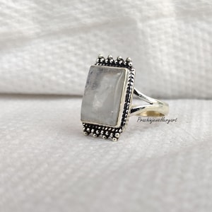 Rectangle Moonstone Ring: Sterling Silver Boho Statement Ring