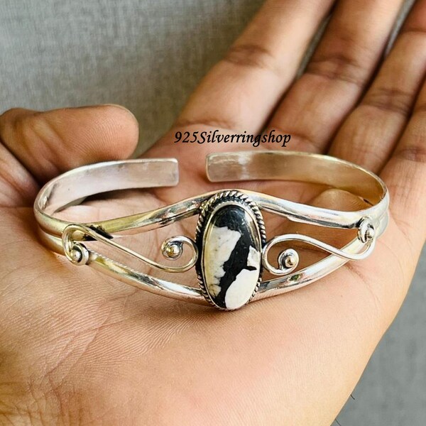 White Buffalo Turquoise Sterling Silver Cuff Bangle - Adjustable 7.5 Inch