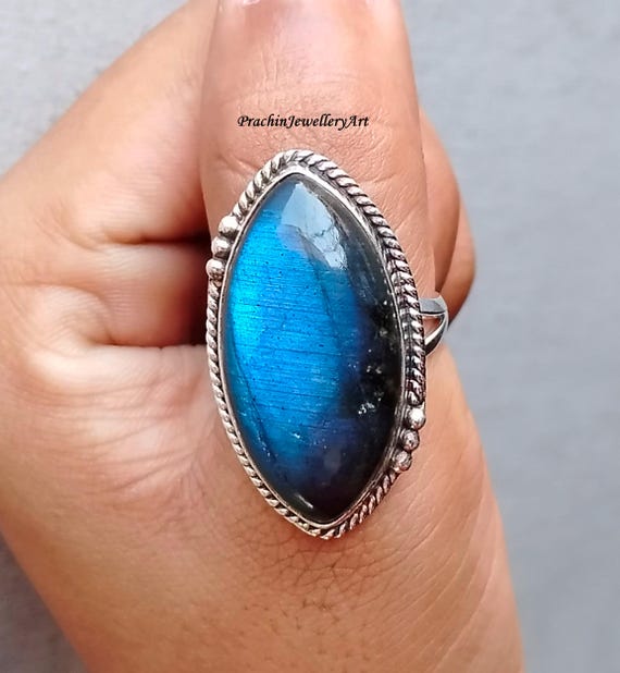 Bague En Argent Massif Avec Labradorite Bleue - Taille 59, Forme Marquise, Neuve Avec étiquettes