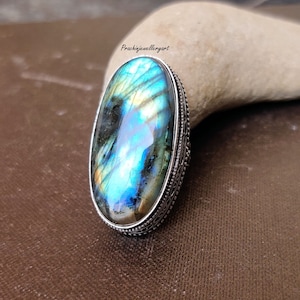 Large Labradorite Sterling Silver Ring: Boho Gemstone Jewelry