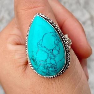 Handmade Turquoise Gemstone Ring: 925 Sterling Silver Boho Wedding Jewelry