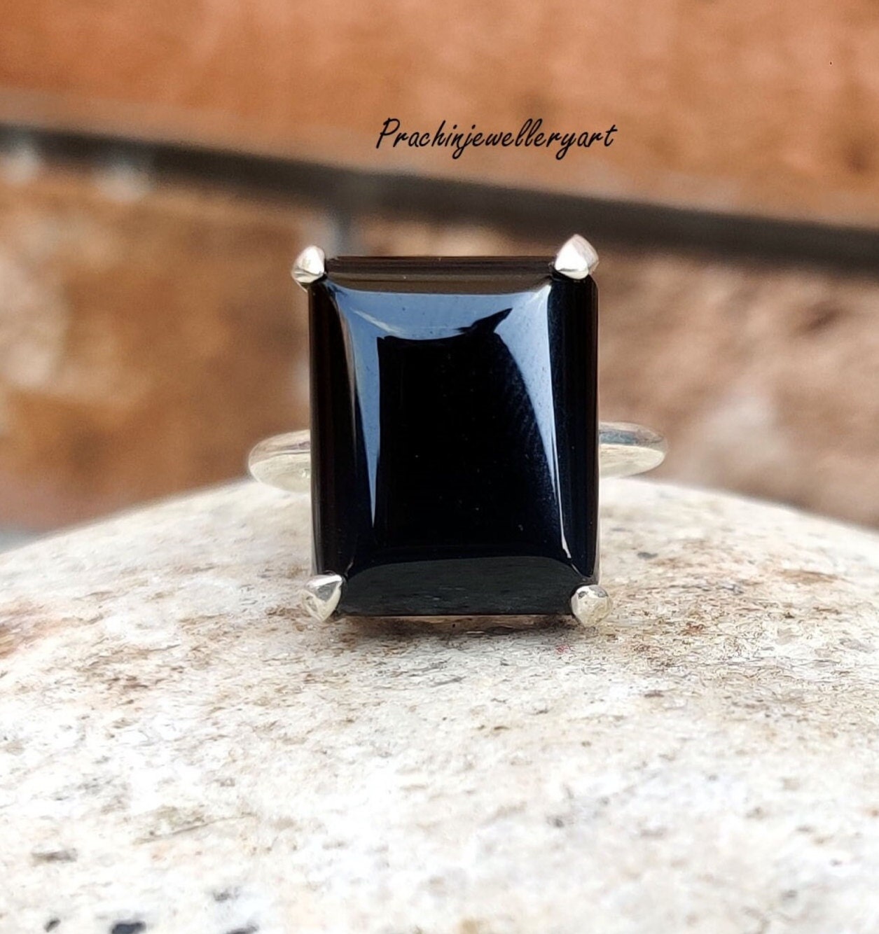 Black Onyx Rectangle Ring: Handmade 925 Sterling Silver, Vintage Bridal…