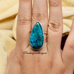 Chrysocolla Gemstone Ring: Large Teardrop 925 Sterling Silver