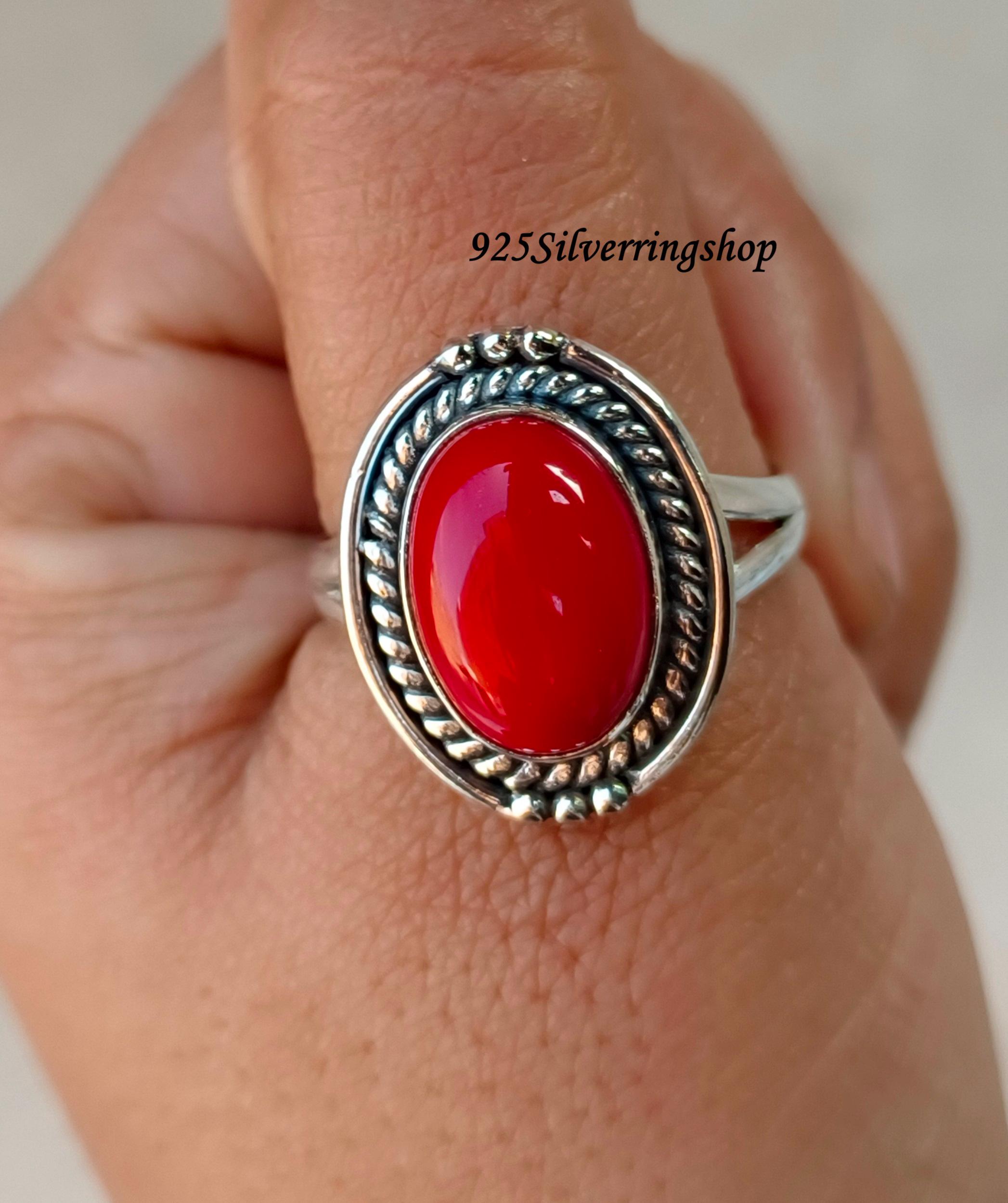 Handmade Red Coral Gemstone Ring: 925 Sterling Silver - Etsy