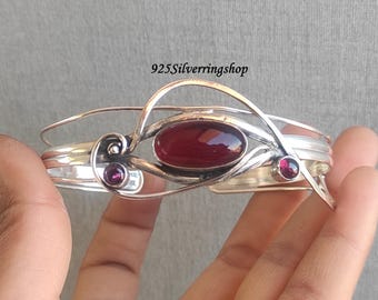 Handmade Garnet Sterling Silver Bangle - Adjustable 925 Bangle