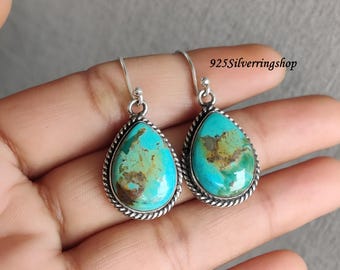 Pendientes artesanales de turquesa Kingman Mohave: Joyería de boda en plata de ley 925