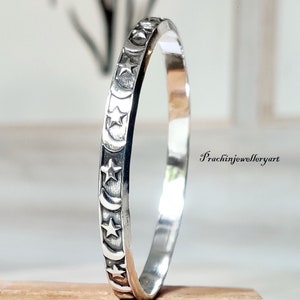 Star & Moon Symbol Sterling Silver Bangle, Bracelet For Men and Women, Thick Bangle, Bangle Jewelry, Unique Gift Bangle, Designer Bracelet *