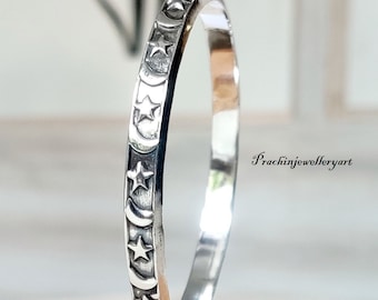 Star & Moon Symbol Sterling Silver Bangle, Bracelet For Men and Women, Thick Bangle, Bangle Jewelry, Unique Gift Bangle, Designer Bracelet *