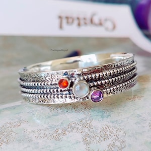 Sterling Silver Spinner Bangle: Moonstone, Amethyst & Garnet